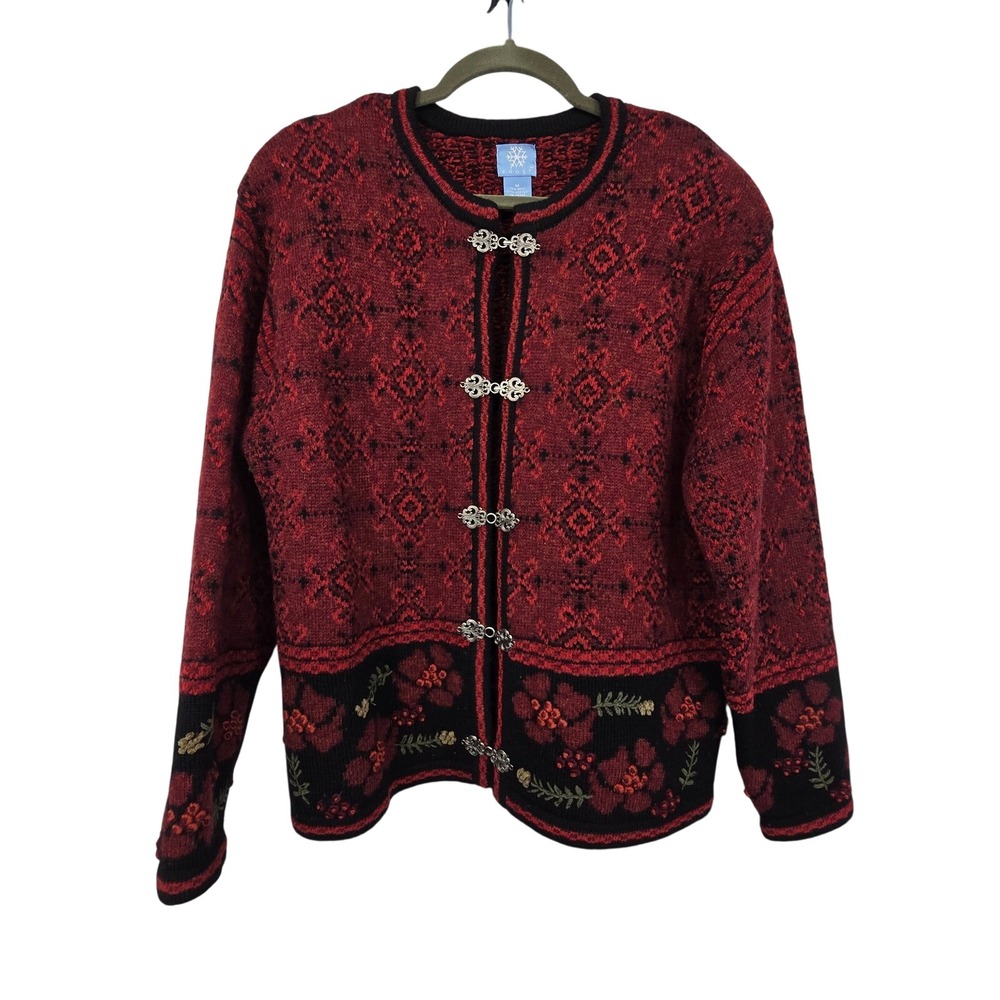 Vintage 90s Y2K Nordic Cardigan Sweater Women Medium Red Silver Clasp Wool Blend
